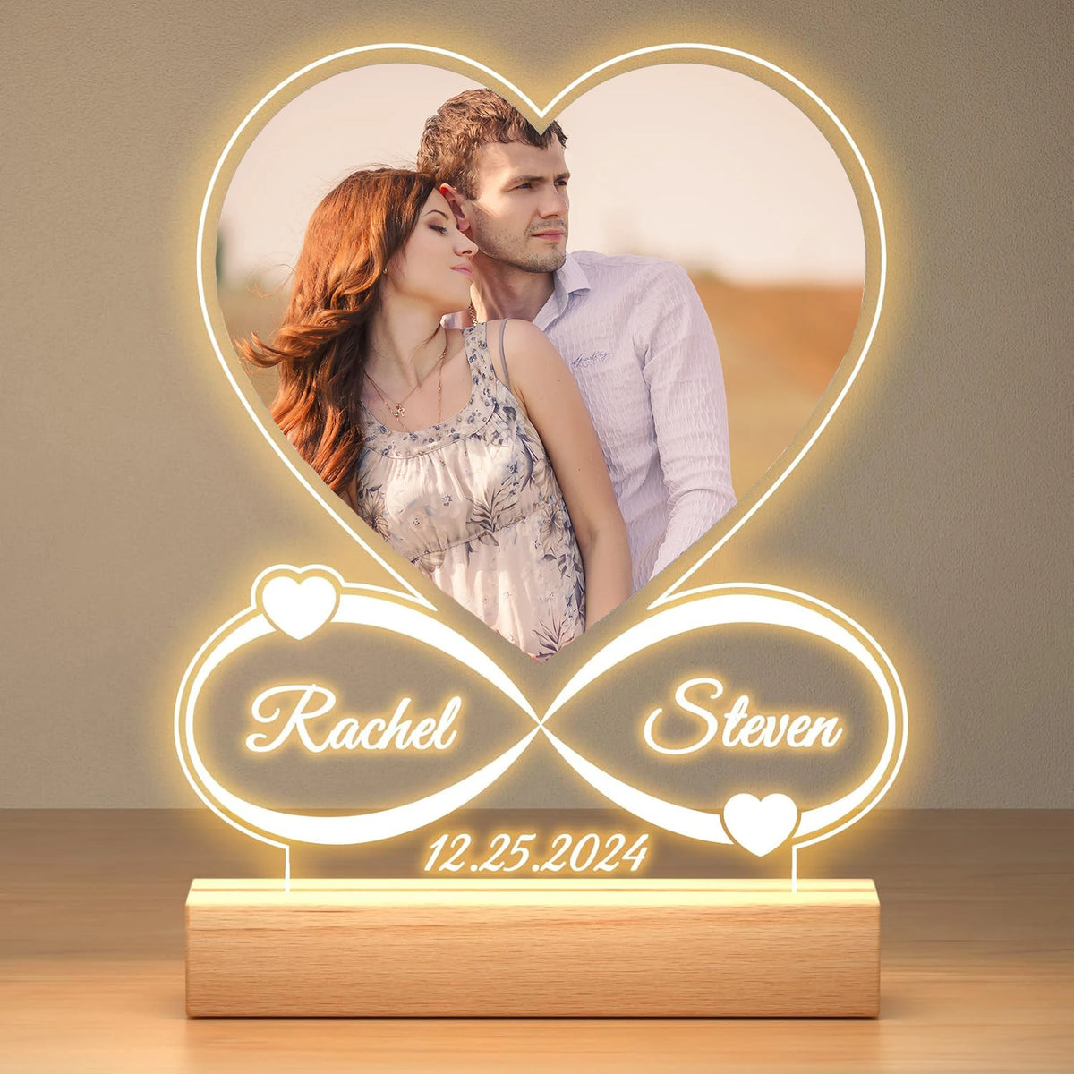 Personalized Heart Photo 3D LED Lamp with Infinity Names & Date