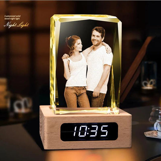 Personalized Crystal Photo Block with Digital Clock