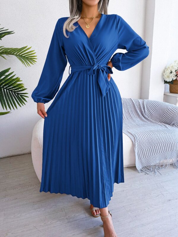 Women elegant V long neck pleated maxi dress