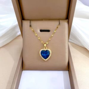 DIEYURO 316L Stainless Steel Heart Big Blue Zircon Pendant Necklace For Women Girl Fashion Clavicle Chain Jewelry Birthday Gift