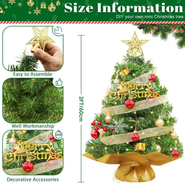 FOTSHARER Mini Christmas Tree Green 2FT Christmas Tree Artificial Small Xmas Tree with Ornaments Table Top Christmas Tree for DIY Little Christmas Tree for Table Holiday Tabletop Tree for Desk Office