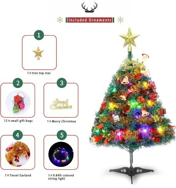 24"/60cm Tabletop Xmas Tree, Artificial Mini Christmas Pine Tree with LED String Lights & Ornaments 60cm