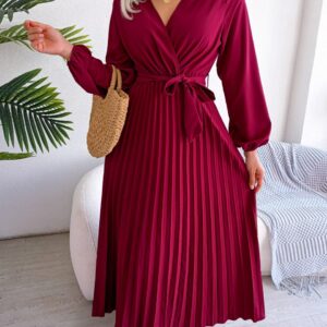 Women elegant V long neck pleated maxi dress