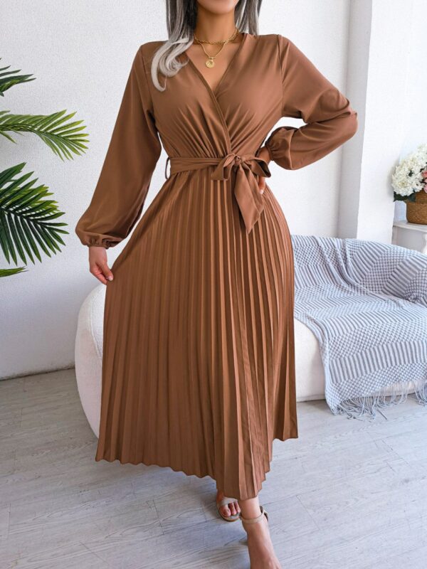 Women elegant V long neck pleated maxi dress