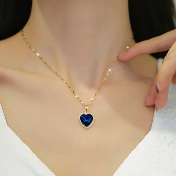 DIEYURO 316L Stainless Steel Heart Big Blue Zircon Pendant Necklace for Women Girl Fashion Clavicle Chain Jewelry Birthday Gift