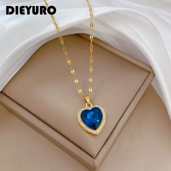 DIEYURO 316L Stainless Steel Heart Big Blue Zircon Pendant Necklace for Women Girl Fashion Clavicle Chain Jewelry Birthday Gift