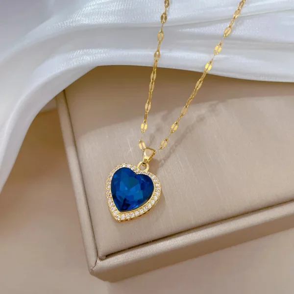 DIEYURO 316L Stainless Steel Heart Big Blue Zircon Pendant Necklace for Women Girl Fashion Clavicle Chain Jewelry Birthday Gift