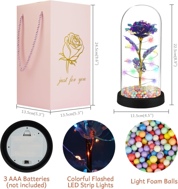 Valentines Day Gifts for Her, Birthday Gifts for Women, Mother'S Day Rose Flower Gift, Artificial Forever Flower, Flashed LED Light up Glass Rose Gifts for Mom, Colorful Purple