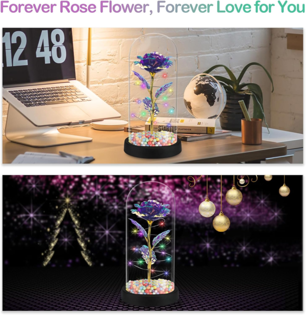 Valentines Day Gifts for Her, Birthday Gifts for Women, Mother'S Day Rose Flower Gift, Artificial Forever Flower, Flashed LED Light up Glass Rose Gifts for Mom, Colorful Purple