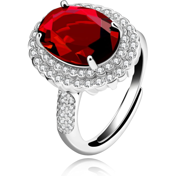 Simulated Ruby Birthstone Oval Rings Red Cubic Zirconia Engagement Wedding Ring Women Adjustable Open Size Y664 (Red)