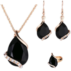Women Crystal Pendant Gold Plated Chain Necklace Earring Jewelry Set