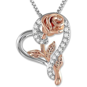 Rose Flower Necklace Gift for Women Silver Heart Necklaces for Women Girls Christmas Birthday Gifts for Wife Mom Rose Flower Necklaces Heart Pendant Necklace for Girlfriend