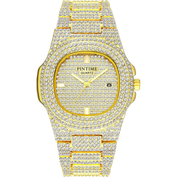 Men'S/Womens Unisex Crystal Watch Full Bling Iced-Out Cuban Watch Oblong Silver/Gold Wristwatch Hip-Hop Stainless Steel Bracelet Watch
