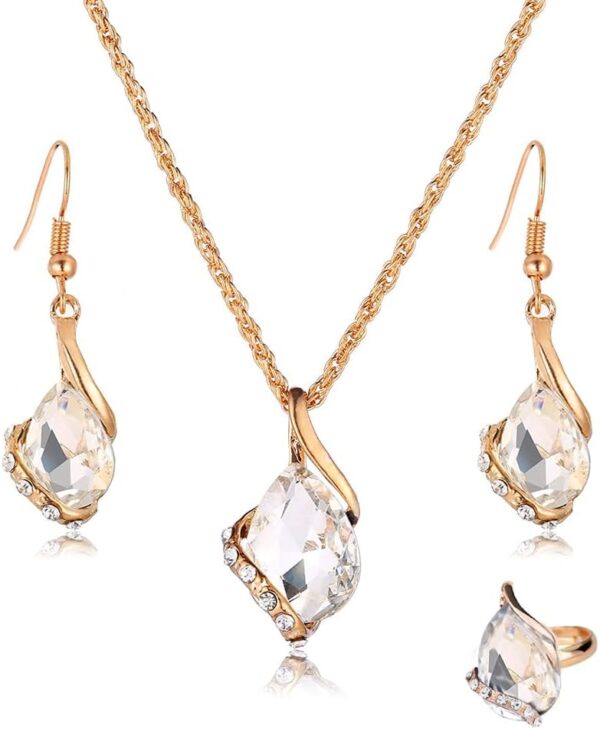 Women Crystal Pendant Gold Plated Chain Necklace Earring Jewelry Set