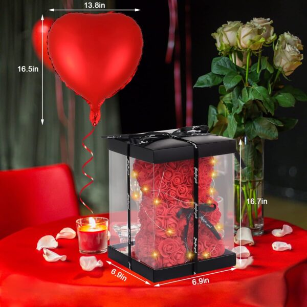 Rose Bear Valentines Day Flower Gifts for Her, Rose Teddy Bear with Lights, Cute Teddy Flower Bear, Gifts for Girl, Cute Romantic Gifts for Wife Girlfriend with Transparent Gift Box and Love Card