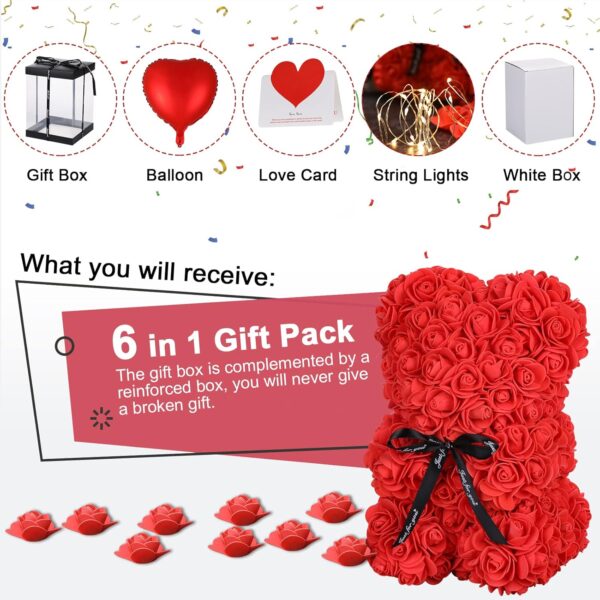 Rose Bear Valentines Day Flower Gifts for Her, Rose Teddy Bear with Lights, Cute Teddy Flower Bear, Gifts for Girl, Cute Romantic Gifts for Wife Girlfriend with Transparent Gift Box and Love Card