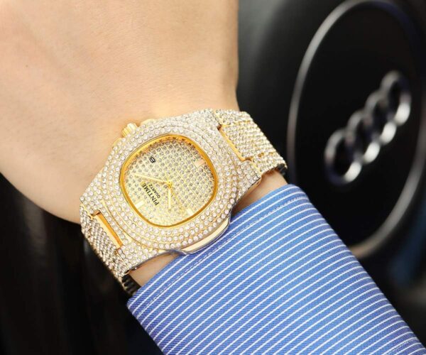 Men'S/Womens Unisex Crystal Watch Full Bling Iced-Out Cuban Watch Oblong Silver/Gold Wristwatch Hip-Hop Stainless Steel Bracelet Watch