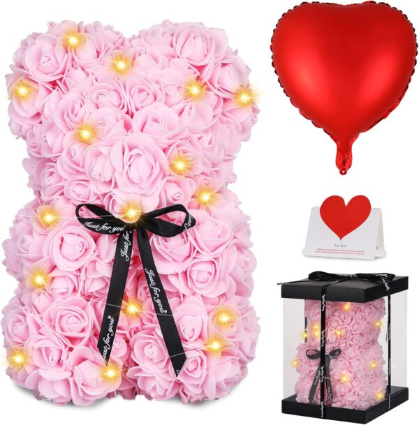 Rose Bear Valentines Day Flower Gifts for Her, Rose Teddy Bear with Lights, Cute Teddy Flower Bear, Gifts for Girl, Cute Romantic Gifts for Wife Girlfriend with Transparent Gift Box and Love Card