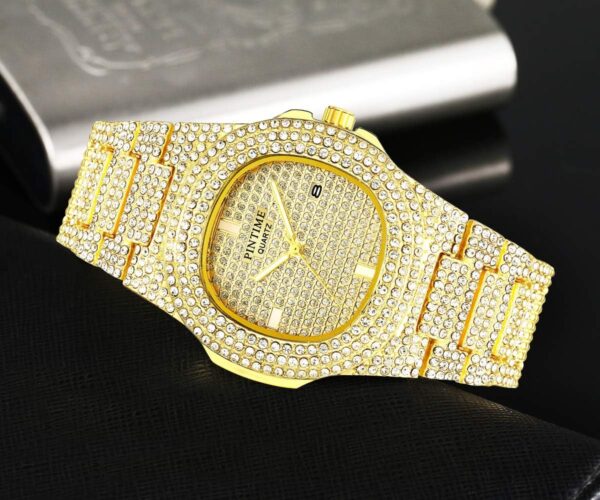 Men'S/Womens Unisex Crystal Watch Full Bling Iced-Out Cuban Watch Oblong Silver/Gold Wristwatch Hip-Hop Stainless Steel Bracelet Watch