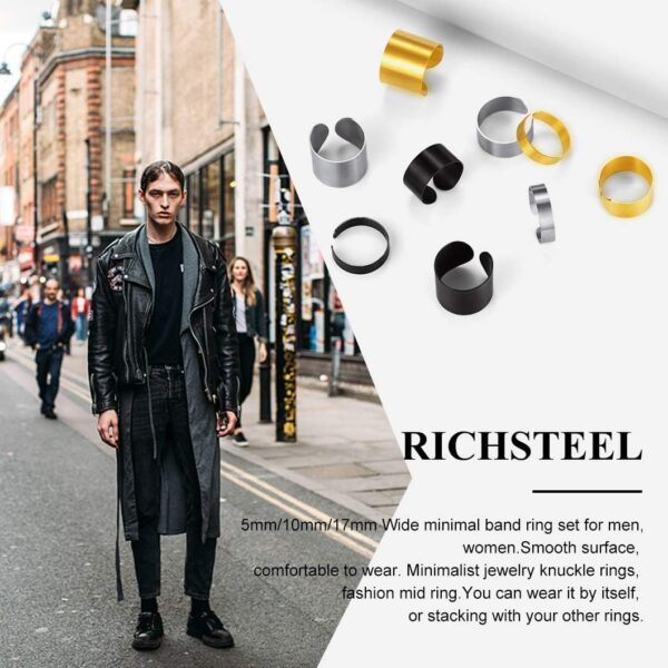 Stainless Steel Open Band Ring for Men Women 18K Gold/Black Plated Brush/Smooth Surface Rings Set Minimalist Jewelry(With Gift Box)