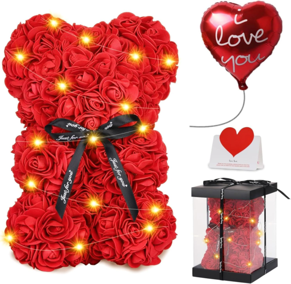 Rose Bear Valentines Day Flower Gifts for Her, Rose Teddy Bear with Lights, Cute Teddy Flower Bear, Gifts for Girl, Cute Romantic Gifts for Wife Girlfriend with Transparent Gift Box and Love Card