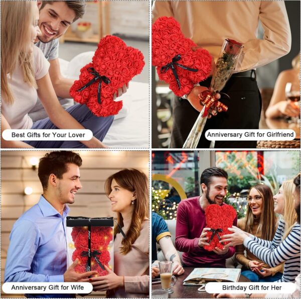 Rose Bear Valentines Day Flower Gifts for Her, Rose Teddy Bear with Lights, Cute Teddy Flower Bear, Gifts for Girl, Cute Romantic Gifts for Wife Girlfriend with Transparent Gift Box and Love Card