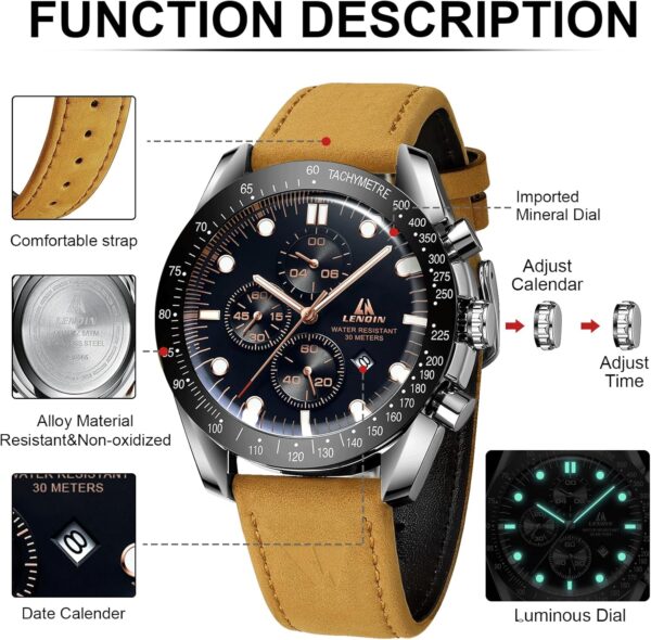 Mens Watches Leather Watch Analog Quartz Watches for Men 30M Waterproof Men'S Wrist Watches Luminous Luxury Fashion Business Casual Watches with Date