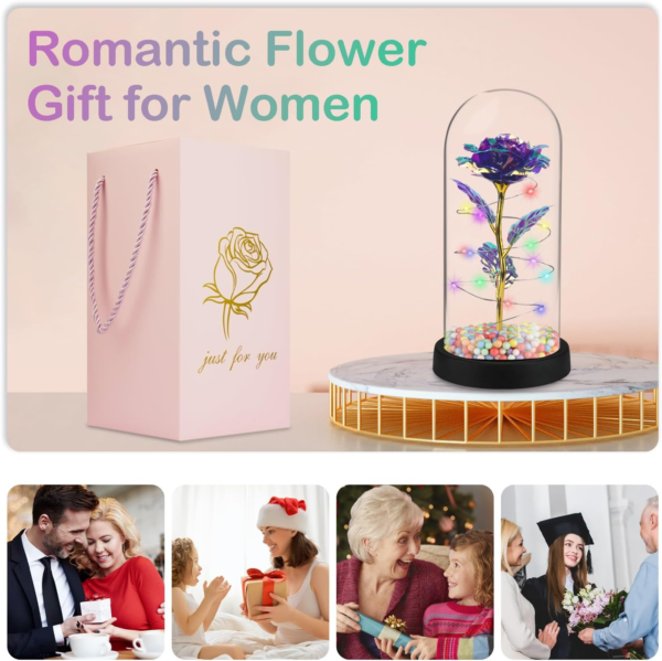 Valentines Day Gifts for Her, Birthday Gifts for Women, Mother'S Day Rose Flower Gift, Artificial Forever Flower, Flashed LED Light up Glass Rose Gifts for Mom, Colorful Purple