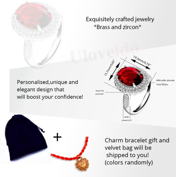 Simulated Ruby Birthstone Oval Rings Red Cubic Zirconia Engagement Wedding Ring Women Adjustable Open Size Y664 (Red)