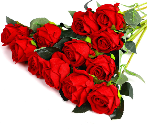 12PCS Artificial Roses,Single Long Stem Fake Rose Silk Bridal Wedding Bouquet Realistic Flower for Home Garden Party Hotel Office Decor(Red)