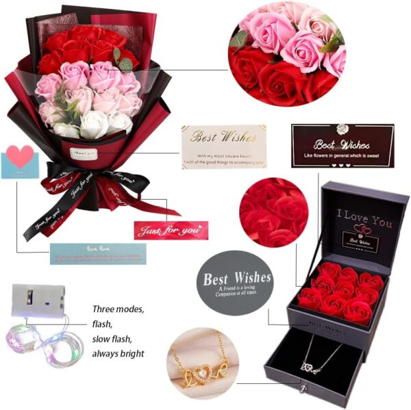 Roses Bouquet Fake Artificial Flower - Preserved Red Flowers with Love Necklace for Her - Unique Gifts Valentine'S Day, Mother'S Day, Thanksgiving, Birthday, Anniversary…
