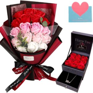 Roses Bouquet Fake Artificial Flower - Preserved Red Flowers with Love Necklace for Her - Unique Gifts Valentine'S Day, Mother'S Day, Thanksgiving, Birthday, Anniversary…
