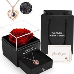 Preserved Real Rose Gift Box with I Love You Necklace, Handmade Eternal Rose Flower Gifts for Mum Mother Women Wife Girlfriend Her on Mothers Day, Birthday, Anniversary, Valentines Day, Christmas