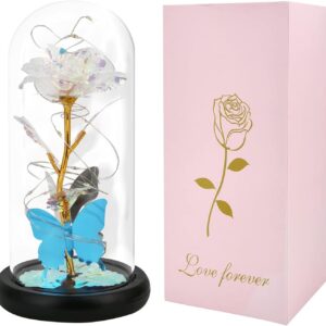 Birthday Gifts for Women,Rose Gifts for Her/Mom/Wife,Eternal Rose Artificial Flower in Glass Dome,Rose Flower Gifts for New Year/Anniversary/Thanksgiving/Valentine'S Day,Rose with Butterfly