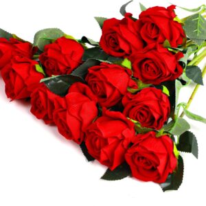 12PCS Artificial Roses,Single Long Stem Fake Rose Silk Bridal Wedding Bouquet Realistic Flower for Home Garden Party Hotel Office Decor(Red)