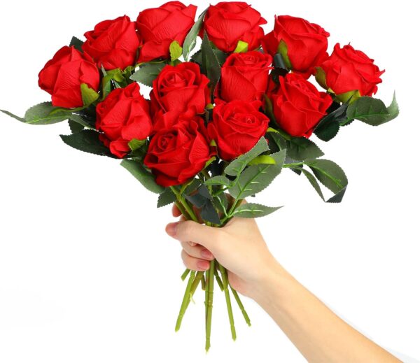 12PCS Artificial Roses,Single Long Stem Fake Rose Silk Bridal Wedding Bouquet Realistic Flower for Home Garden Party Hotel Office Decor(Red)
