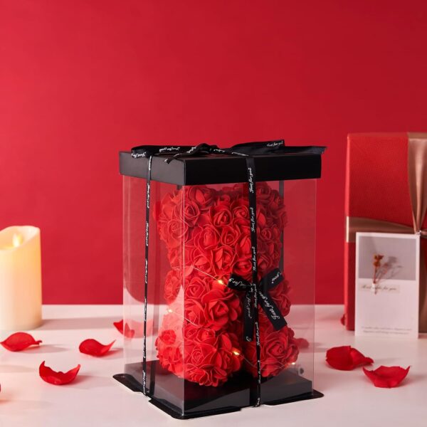Rose Bear with Transparent Gift Box & Black Ribbon Rose Petals Teddy Bear Presents for Women, Mother'S Day, Artificial Flowers Rose Bear for Her, for Girlfriend and "Just for You" Valentines Gifts