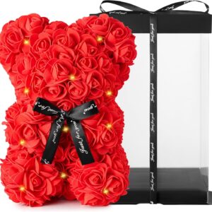Rose Bear with Transparent Gift Box & Black Ribbon Rose Petals Teddy Bear Presents for Women, Mother'S Day, Artificial Flowers Rose Bear for Her, for Girlfriend and "Just for You" Valentines Gifts