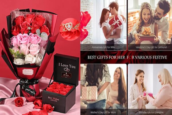 Roses Bouquet Fake Artificial Flower - Preserved Red Flowers with Love Necklace for Her - Unique Gifts Valentine'S Day, Mother'S Day, Thanksgiving, Birthday, Anniversary…
