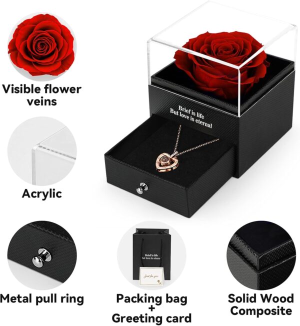 Preserved Real Rose Gift Box with I Love You Necklace, Handmade Eternal Rose Flower Gifts for Mum Mother Women Wife Girlfriend Her on Mothers Day, Birthday, Anniversary, Valentines Day, Christmas