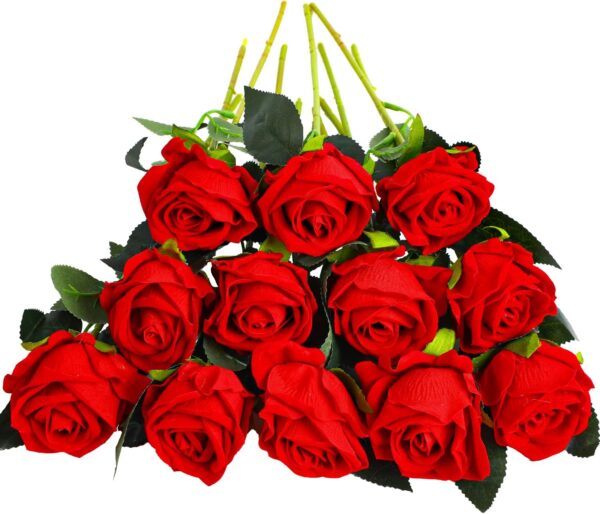 12PCS Artificial Roses,Single Long Stem Fake Rose Silk Bridal Wedding Bouquet Realistic Flower for Home Garden Party Hotel Office Decor(Red)