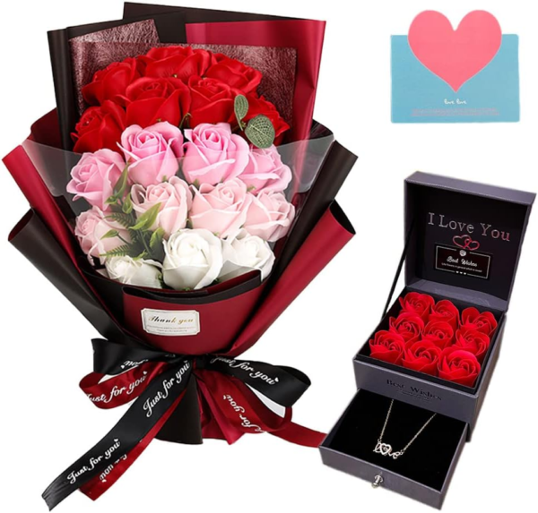 Roses Bouquet Fake Artificial Flower - Preserved Red Flowers with Love Necklace for Her - Unique Gifts Valentine'S Day, Mother'S Day, Thanksgiving, Birthday, Anniversary…