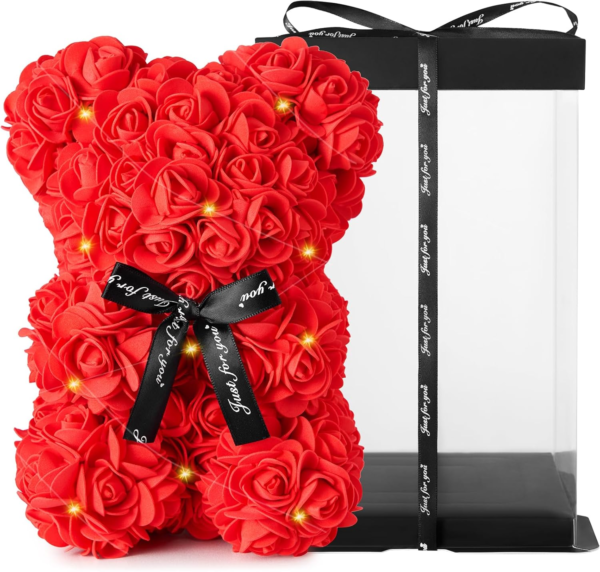 Rose Bear with Transparent Gift Box & Black Ribbon Rose Petals Teddy Bear Presents for Women, Mother'S Day, Artificial Flowers Rose Bear for Her, for Girlfriend and "Just for You" Valentines Gifts