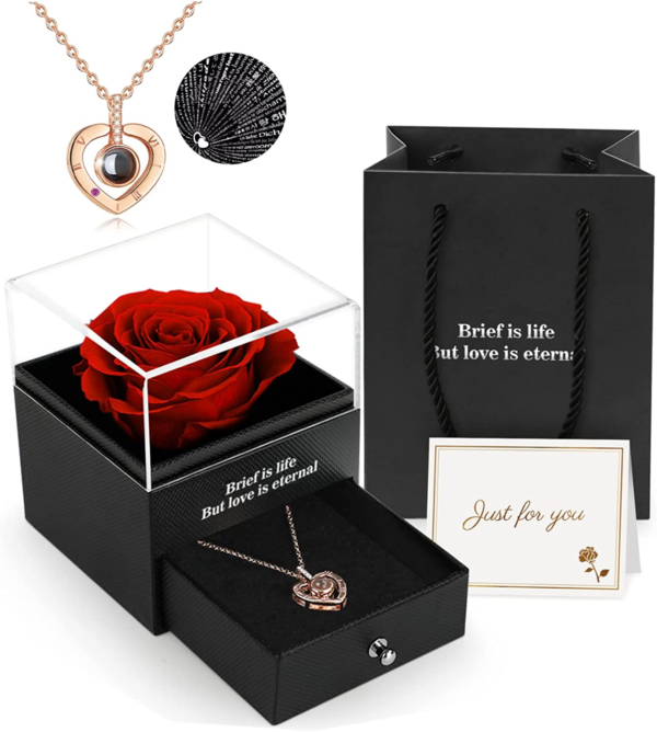 Preserved Real Rose Gift Box with I Love You Necklace, Handmade Eternal Rose Flower Gifts for Mum Mother Women Wife Girlfriend Her on Mothers Day, Birthday, Anniversary, Valentines Day, Christmas