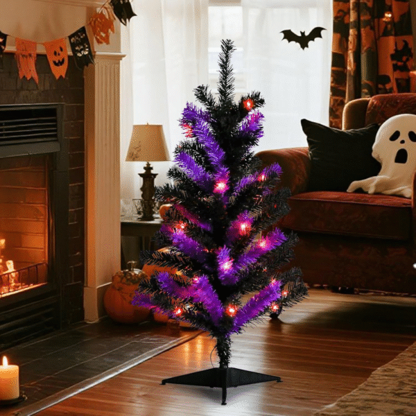 2.7 FT Lighted Black & Purple Halloween and Christmas Tree with LED Lights and Timer – Ideal for Home, Office, or Event Decor