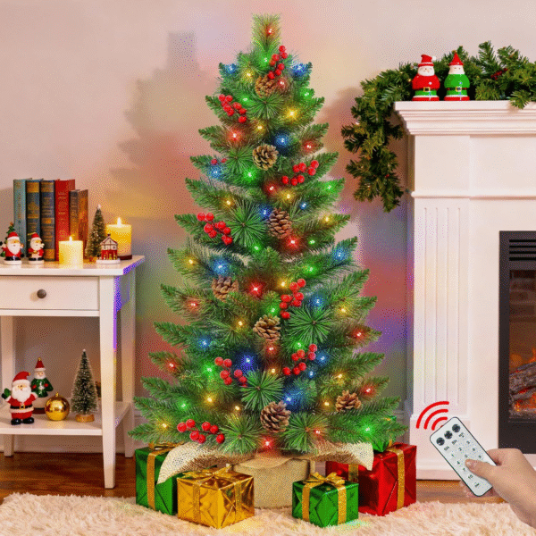3 Ft Mini Christmas Tree with Warm White & Colorful Lights, Battery-Operated, Burlap Base, 12 Lighting Modes, and Remote Control