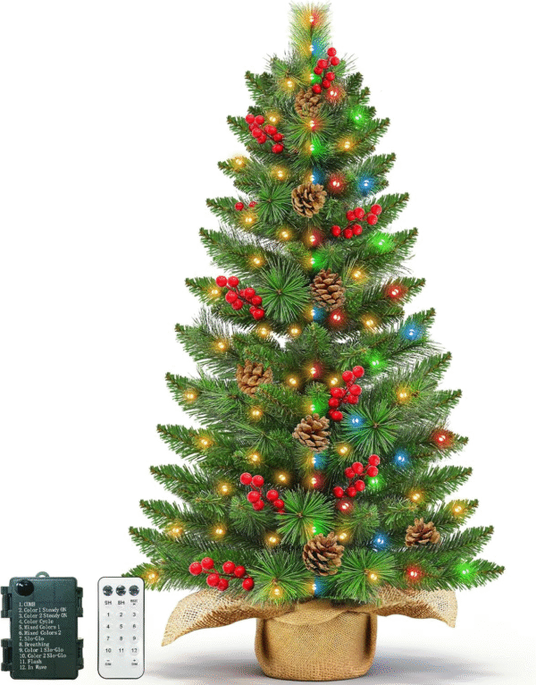 3 Ft Mini Christmas Tree with Warm White & Colorful Lights, Battery-Operated, Burlap Base, 12 Lighting Modes, and Remote Control