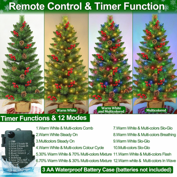 3 Ft Mini Christmas Tree with Warm White & Colorful Lights, Battery-Operated, Burlap Base, 12 Lighting Modes, and Remote Control