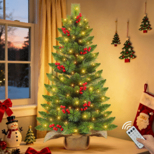 3 Ft Mini Christmas Tree with Warm White & Colorful Lights, Battery-Operated, Burlap Base, 12 Lighting Modes, and Remote Control