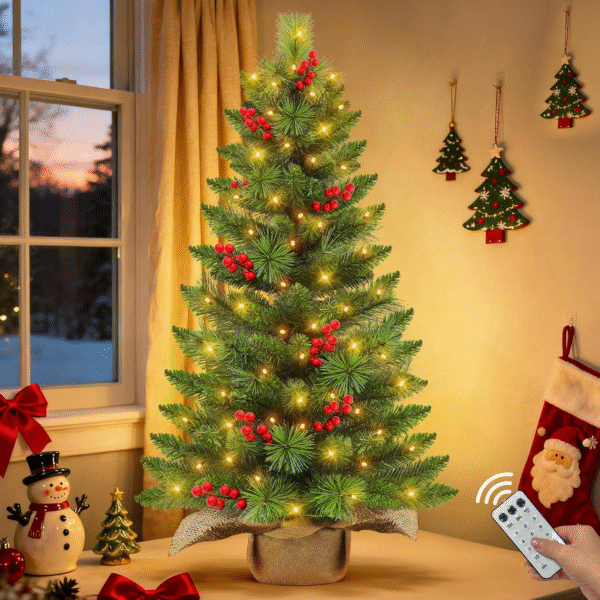 3 Ft Mini Christmas Tree with Warm White & Colorful Lights, Battery-Operated, Burlap Base, 12 Lighting Modes, and Remote Control